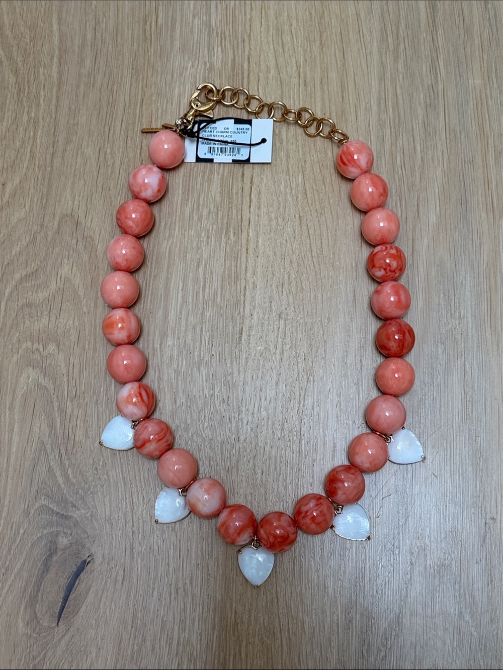 Lele Sadoughi Coral Bead Necklace with White Heart Pendants and Gold Chain